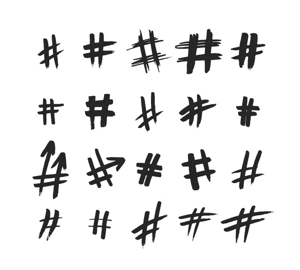 Sinais de hashtag. Número de sinal, hash, ou sinal de libra. Símbolos pintados à mão isolados num fundo branco. Ilustração vetorial —  Vetores de Stock