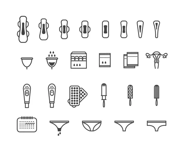 Kvinnlig hygienprodukter - sanitära pad, trosskydd, tampong och menskopp ikoner — Stock vektor