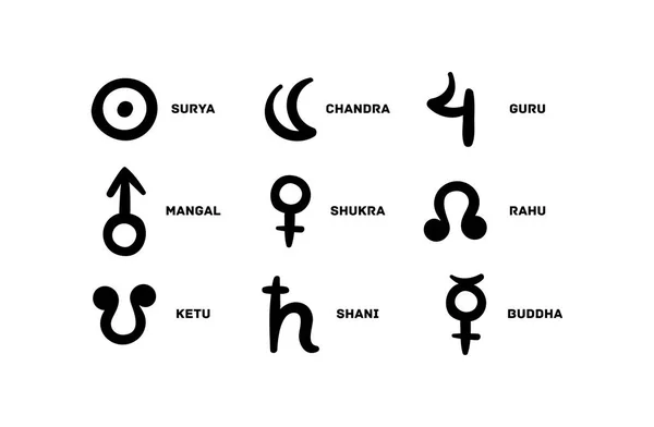 Astrologia vedica Jyotish Segni graha. Surya chandra guru mangal shukra rahu ketu shani buddhi illustrazione — Vettoriale Stock