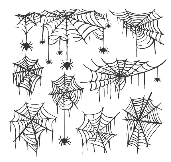 Colección de fondo transparente aislado Cobweb. Spiderweb para el diseño de Halloween. Spider web elementos espeluznante y espeluznante decoración de Halloween horror. Ilustración vectorial de silueta dibujada a mano . — Archivo Imágenes Vectoriales