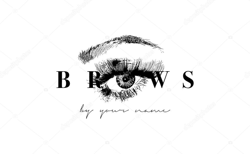 Beautiful vector hand drawing eyebrows for the logo of the master on the eyebrows. Business card template.