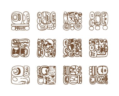 Vintage grafik maya Glifler, İnka ve Aztek zodyak süsler ve semboller eski Kızılderili stilinde. Vektör çizim ve tasarım için çizim doodle. 