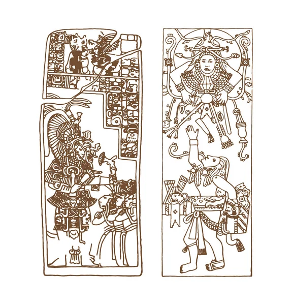 Vintage gráfico maya glifos, inca e azteca zodíaco ornamentos e símbolos no velho estilo indiano americano.Ilustração vetorial e desenho doodle para design . — Vetor de Stock