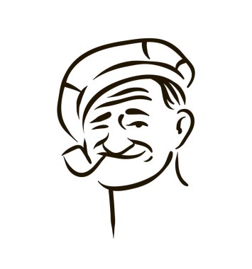 Elle çizilmiş vintage hipster denizci kalın sakal ve beyaz arka plan üzerinde boru ile