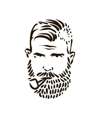 Elle çizilmiş vintage hipster denizci kalın sakal ve beyaz arka plan üzerinde boru ile