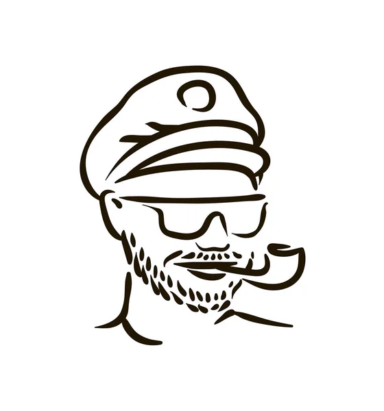 Elle çizilmiş vintage hipster denizci kalın sakal ve beyaz arka plan üzerinde boru ile — Stok Vektör