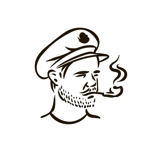 Marinheiro hipster vintage desenhado à mão com barba grossa e tubo sobre fundo branco — Vetor de Stock