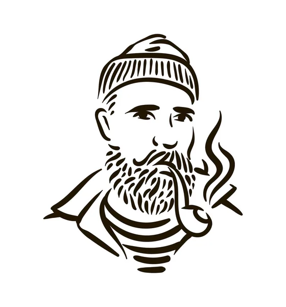 濃いひげと白い背景のパイプ手描かれたヴィンテージのヒップスター セーラー — ストックベクタ