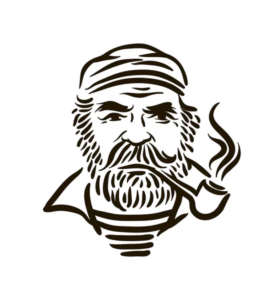Marin hipster vintage dessiné à la main avec une barbe épaisse et un tuyau sur fond blanc — Image vectorielle