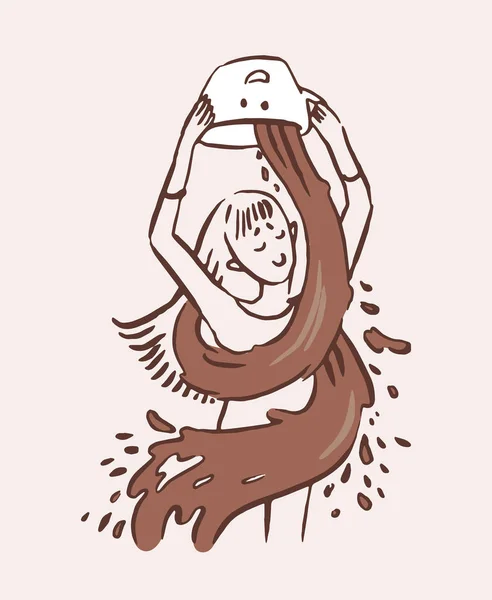 Café addiction dessin animé illustration imprimée. Fille prendre une douche à partir de café tasse impression — Image vectorielle