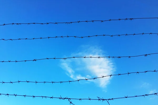 Draadgaas hek en een beperkt gebied teken met blauwe lucht achtergrond — Stockfoto
