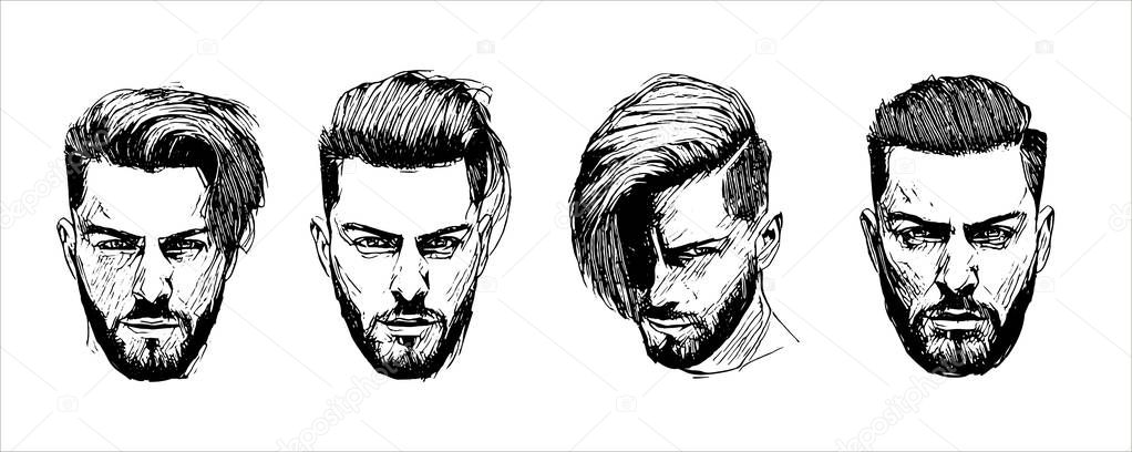 Vector hand drawn man hairstyle silhouettes illustration on white background