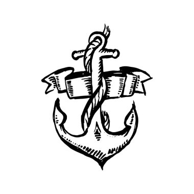 Vektör el siyah renk eski okul dövme çapa beyaz zemin üzerine çekilmiş.