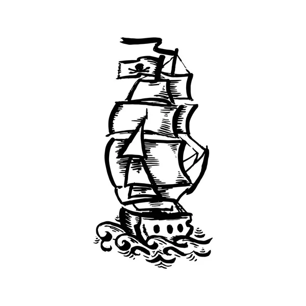 Vector dibujado a mano negro color viejo escuela tatuaje barco sobre fondo blanco — Archivo Imágenes Vectoriales