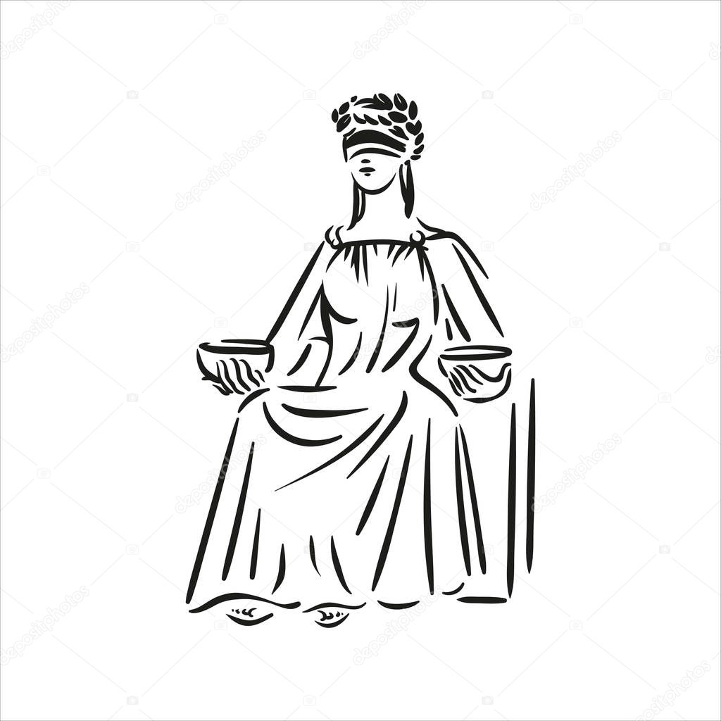 Sitting symbol of justice Themis vector line art illustration on white background