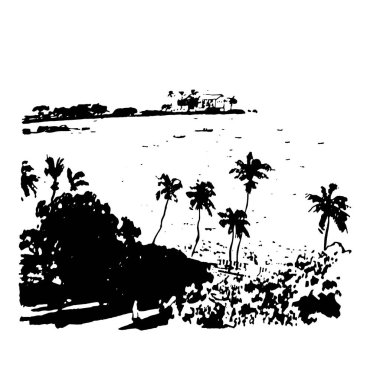 El Afrika safari doğa manzara siyah beyaz zemin üzerine çekilmiş.