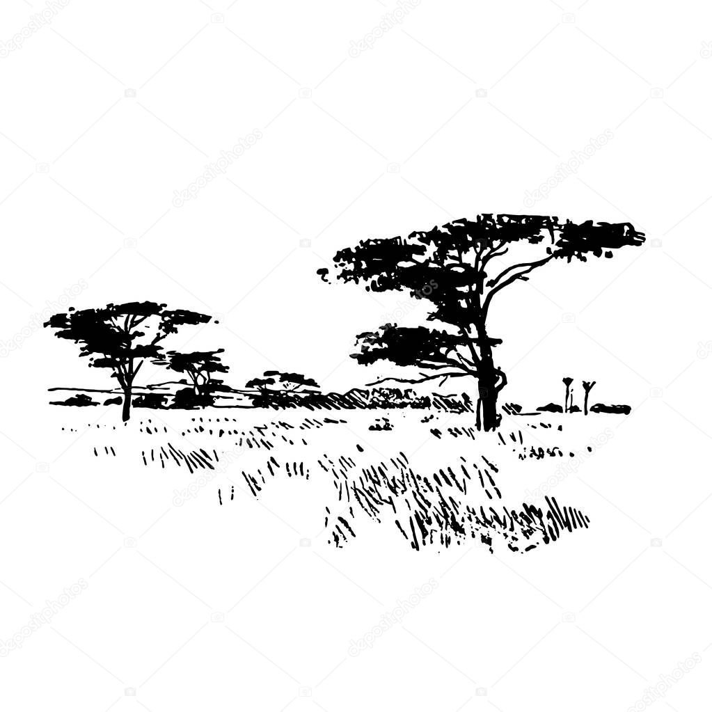 Hand drawn African safari nature landscape black on white background