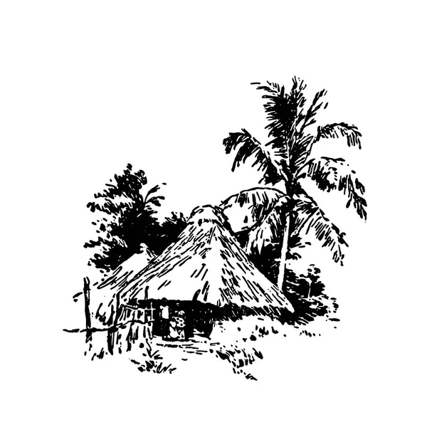 Schizzo disegnato a mano della casa di villaggio africano nero su sfondo bianco — Vettoriale Stock