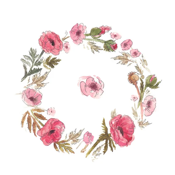 Aquarelle disegnate a mano fiore di papavero cerchio corona illustrazione su sfondo bianco — Foto Stock