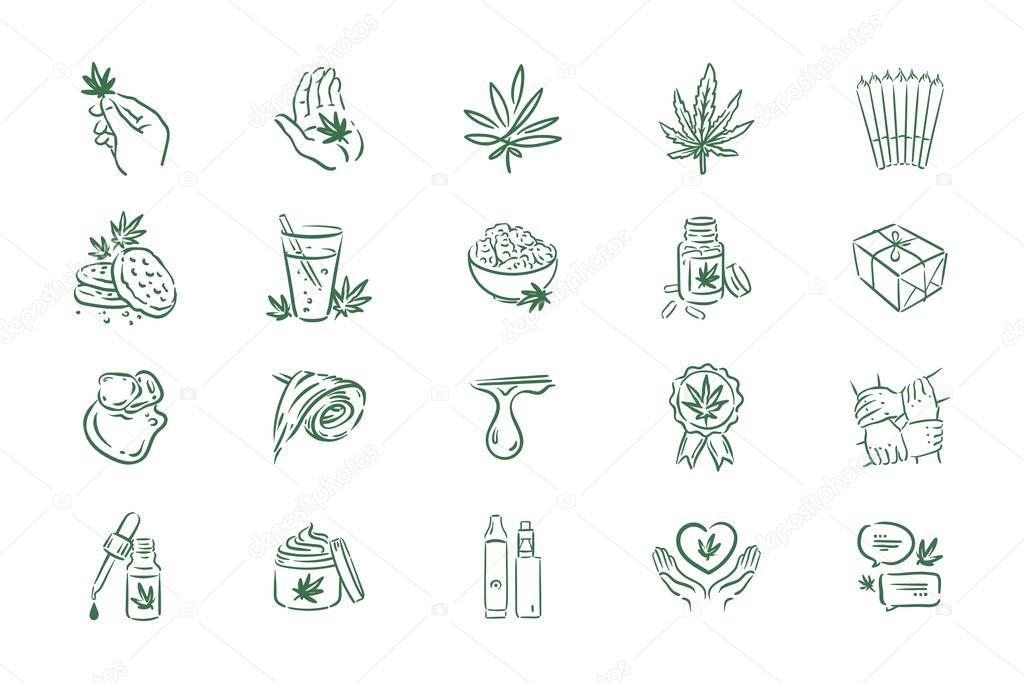 Vector illustration of medical cannabis icons on white background