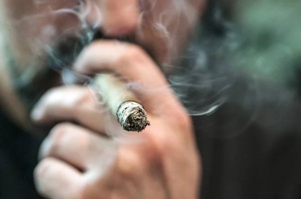 Closeup face in profile of man with burning cigar in mouth.