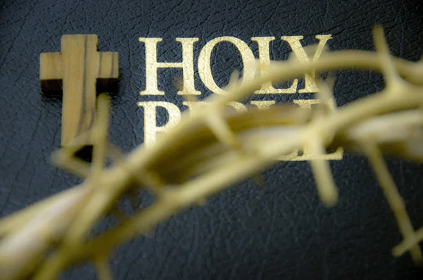 crown of thorns, cross and bible book, christianity symbol