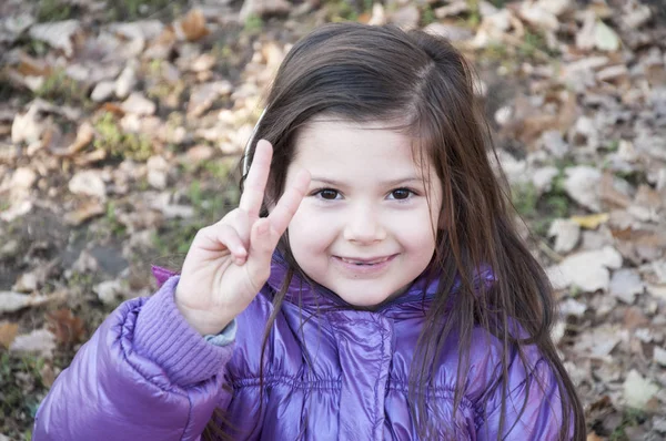 Sweet little girl in purple jacket and woolen purple hat having fun in the playground