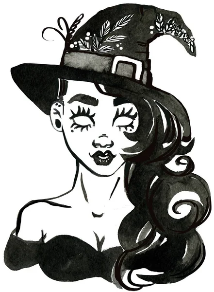 Black Ink Witch White Background — Stock Photo, Image