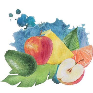 Egzotik meyve ve yaprakların parlak bileşimi. Suluboya tekniğinde boyalı