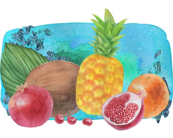 Jasná Skladba Exotického Ovoce Listí Malováno Technice Akvarel — Stock fotografie
