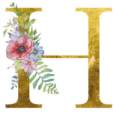 çiçekler ve yaprakları ile alfabenin h harfi. Floral zarif tasarım. 