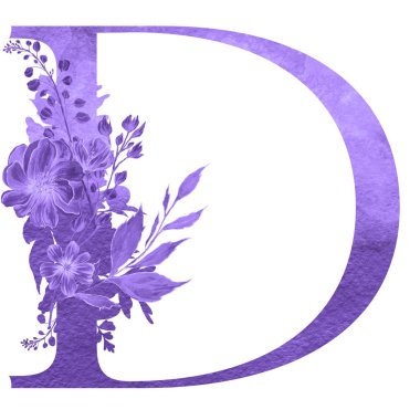 beyaz izole arka planda çiçekler ve yaprakları ile alfabenin d harfi. Floral zarif tasarım. 