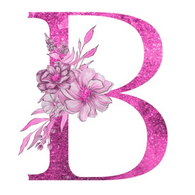çiçek ve yaprakları ile alfabenin b harfi. Floral zarif tasarım. 