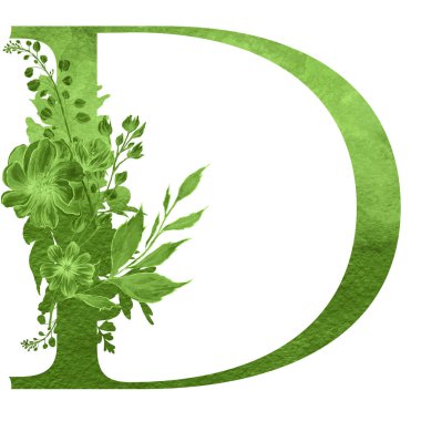 çiçek ve yaprakları ile alfabenin d harfi. Floral zarif tasarım. 