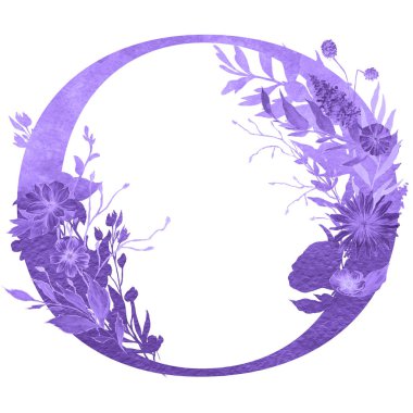 beyaz izole arka planda çiçekler ve yaprakları ile alfabenin o harfi. Floral zarif tasarım. 