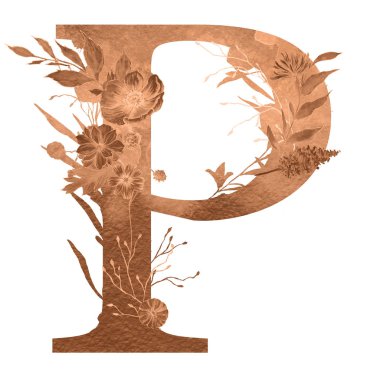 çiçek ve yaprakları ile alfabenin p harfi. Floral zarif tasarım. 