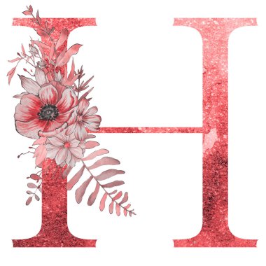 çiçekler ve yaprakları ile alfabenin h harfi. Floral zarif tasarım. 