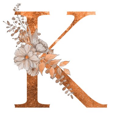 çiçek ve yaprakları ile alfabenin k harfi. Floral zarif tasarım. 