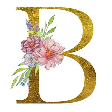 çiçek ve yaprakları ile alfabenin b harfi. Floral zarif tasarım. 