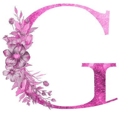 çiçek ve yaprakları ile alfabenin G harfi. Floral zarif tasarım. 