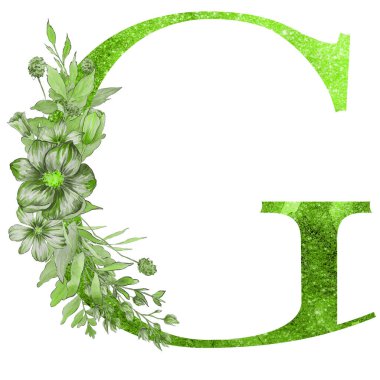 çiçek ve yaprakları ile alfabenin G harfi. Floral zarif tasarım. 