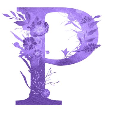 beyaz izole arka planda çiçekler ve yaprakları ile alfabenin p harfi. Floral zarif tasarım. 