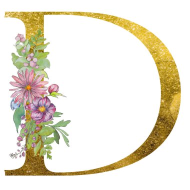 çiçek ve yaprakları ile alfabenin d harfi. Floral zarif tasarım. 