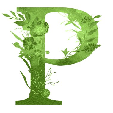 çiçek ve yaprakları ile alfabenin p harfi. Floral zarif tasarım. 