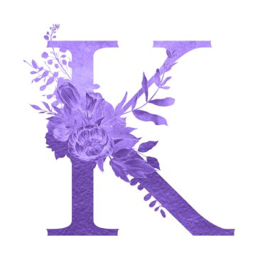 beyaz izole arka planda çiçekler ve yaprakları ile alfabenin k harfi. Floral zarif tasarım. 