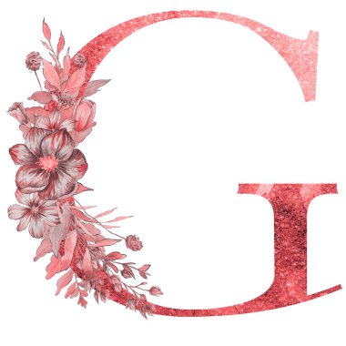 çiçek ve yaprakları ile alfabenin G harfi. Floral zarif tasarım. 