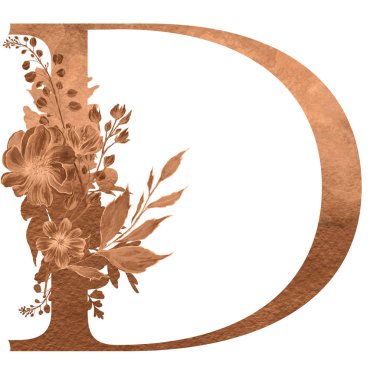 çiçek ve yaprakları ile alfabenin d harfi. Floral zarif tasarım. 