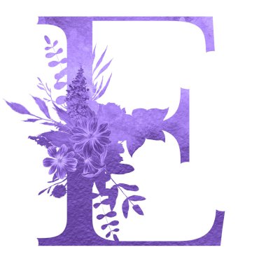 beyaz izole arka planda çiçekler ve yaprakları ile alfabenin e harfi. Floral zarif tasarım. 