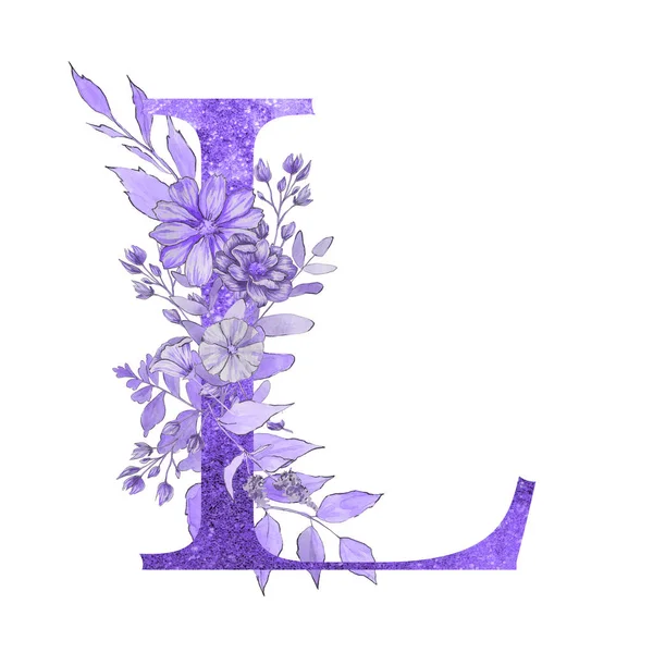 letter l  of the alphabet with flowers and leaves. Floral elegant design.
