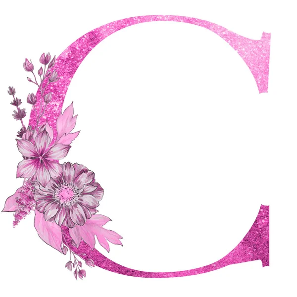 letter c  of the alphabet with flowers and leaves. Floral elegant design.